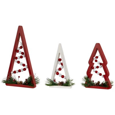 Northlight Set Of 3 Red And White Beaded Christmas Trees Wooden Table Decorations 0.98 FT - Image 5