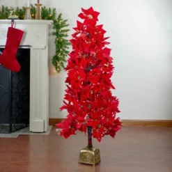 Northlight Pre-Lit Fiber Optic Color Changing Red Poinsettia Christmas Tree - 4' - Multi