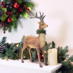 Northlight Standing Glittered Reindeer With Pine Neck Wreath Christmas Decoration - 15.5"