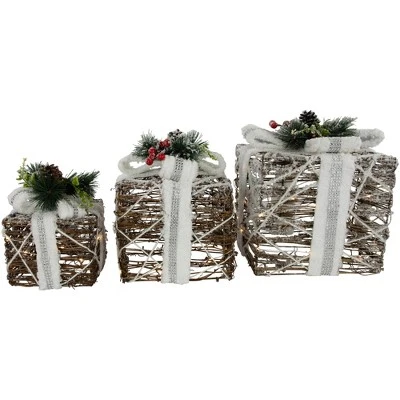 Northlight LED Lighted Gift Boxes With Pine And Berries Christmas Decorations - 9.75" - Set Of 3 - Image 2