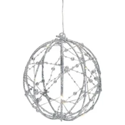 Northlight 8" LED Lighted Silver Wired Christmas Hanging Ball Decoration - Warm White Lights