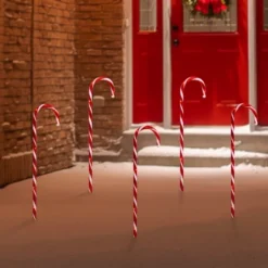 Northlight Set Of 5 Red Lighted Candy Cane Christmas Lawn Stakes 28" - Battery Operated