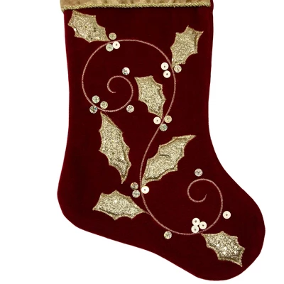 Northlight 20.5-Inch Velvet Gold And Maroon Etched Cuff Christmas Stocking - Image 3