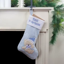 Northlight Baby's 1st Christmas Embroidered Teddy Bear Stocking - 19" - Blue And White