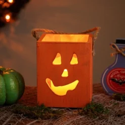 Northlight Small Orange Wood Jack O Lantern Halloween Candle Lantern - 6.25"
