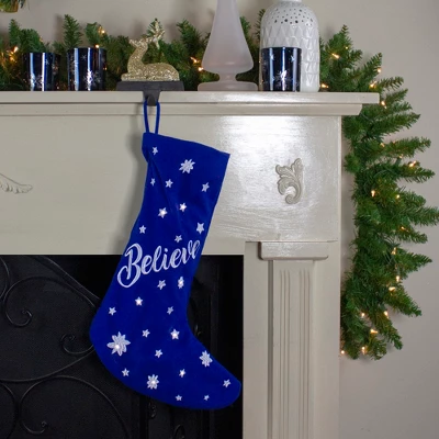 Northlight 18" LED Blue Stocking "Believe" With White Snowflakes