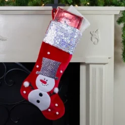 Northlight 20.5" Red And White Snowman Embroidered Christmas Stocking With Sequined Cuff