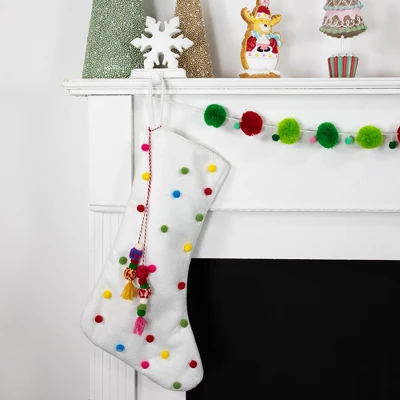 Northlight 20" White Christmas Stocking With Multicolor Pom-Poms And Tassels - Image 2