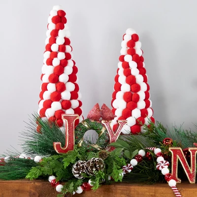 Northlight Pom Pom Cone Tree Christmas Decoration - 13" - White And Red