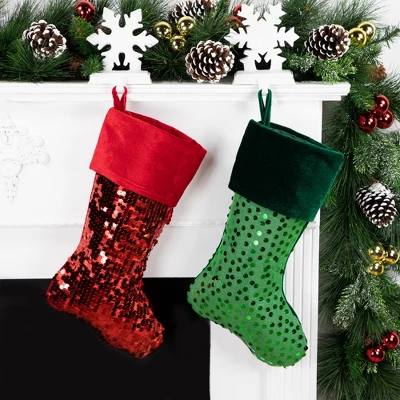 Northlight 20" Shiny Metallic Green Sequined Christmas Stocking With Velveteen Cuff