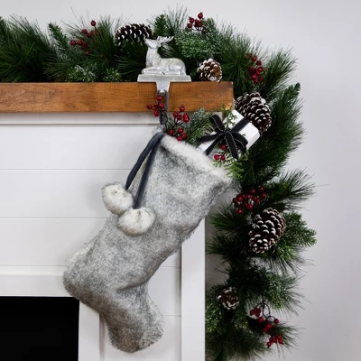Northlight Silver Fox Faux Fur Christmas Stocking With Pom Poms - 20.5"