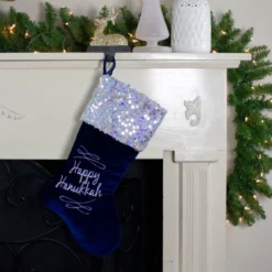 Northlight 19" Navy Blue And Silver Embroidered Happy Stocking With Sequin Cuff