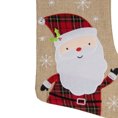 Northlight 19" Burlap Plaid Whimsical Santa Waiving Christmas Stocking - Image 2