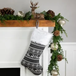 Northlight 19" Gray And White Reindeer And Snowflake Knit Christmas Stocking With Faux Fur Cuff