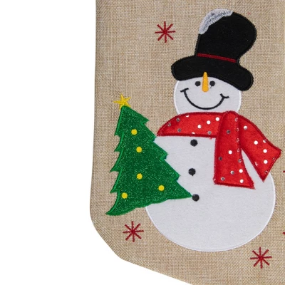 Northlight 19" Burlap Standing Snowman With A Tree And Snowflakes Christmas Stocking - Image 2