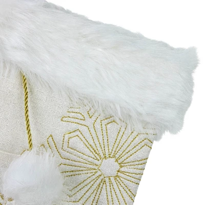 Northlight 20" Cream With Gold Snowflakes Christmas Stocking With Faux Fur Cuff - Image 2
