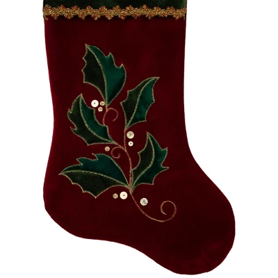 Northlight 21" Red And Green Holly Embroidered Velvet Christmas Stocking - Image 3