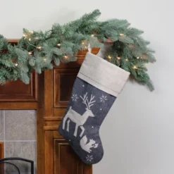 Northlight 20" Burlap Christmas Stocking With Gray Felt Animal Stencil Design And Burlap Cuff
