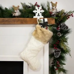 Northlight Cable Knit Christmas Stocking With Faux Fur Cuff - 20.5" - Cream And Beige
