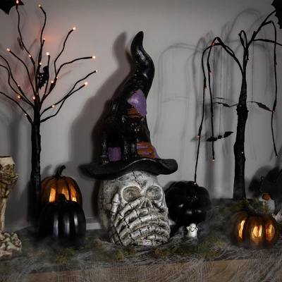 Northlight Skull In Witch Hat With Cat Halloween Decoration - 22.75"