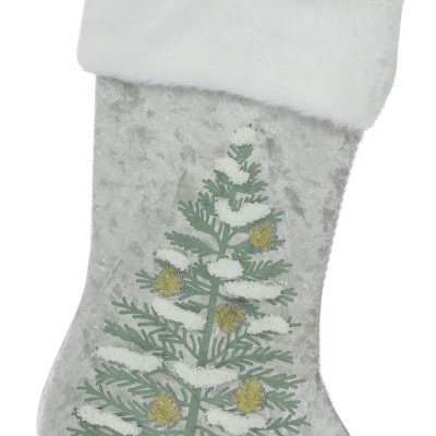 Northlight 20" Snow Covered Green Tree Gray Christmas Stocking With White Cuff - Image 2