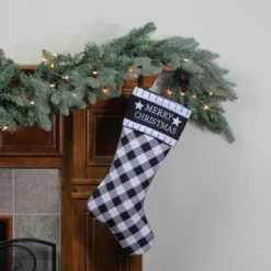 Northlight 20.5" Black And White "Merry Christmas" Christmas Stocking With Blanket Stitch Cuff